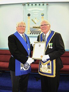 RW Bro Richard Anderson presents W Bro Tony with his 60 Year Certificate
